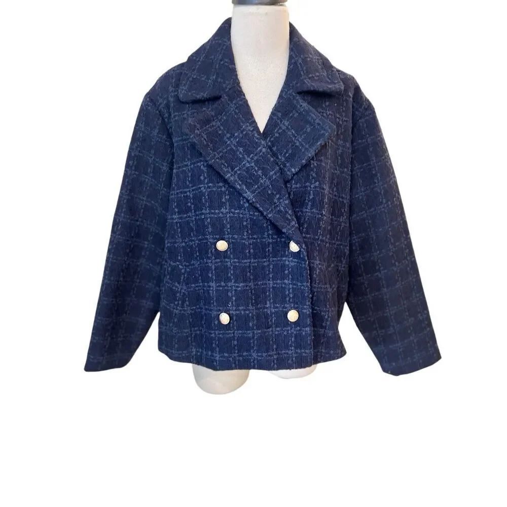 LC Lauren Conrad Women's Plaid Tweed Double-Breasted Peacoat Jacket Navy 2XL NWT